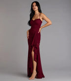 Fashionable Burgundy Ruched Mermaid Spaghetti Strap Maxi Dress with Ruffled Prom Dress Side Leg Slit