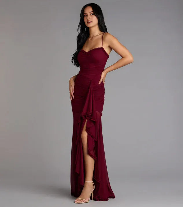 Fashionable Burgundy Ruched Mermaid Spaghetti Strap Maxi Dress with Ruffled Prom Dress Side Leg Slit