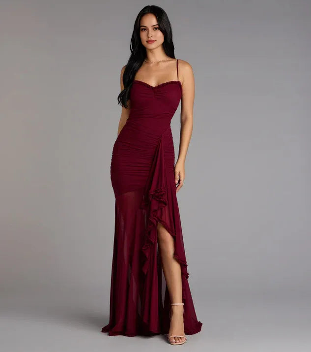Fashionable Burgundy Ruched Mermaid Spaghetti Strap Maxi Dress with Ruffled Prom Dress Side Leg Slit