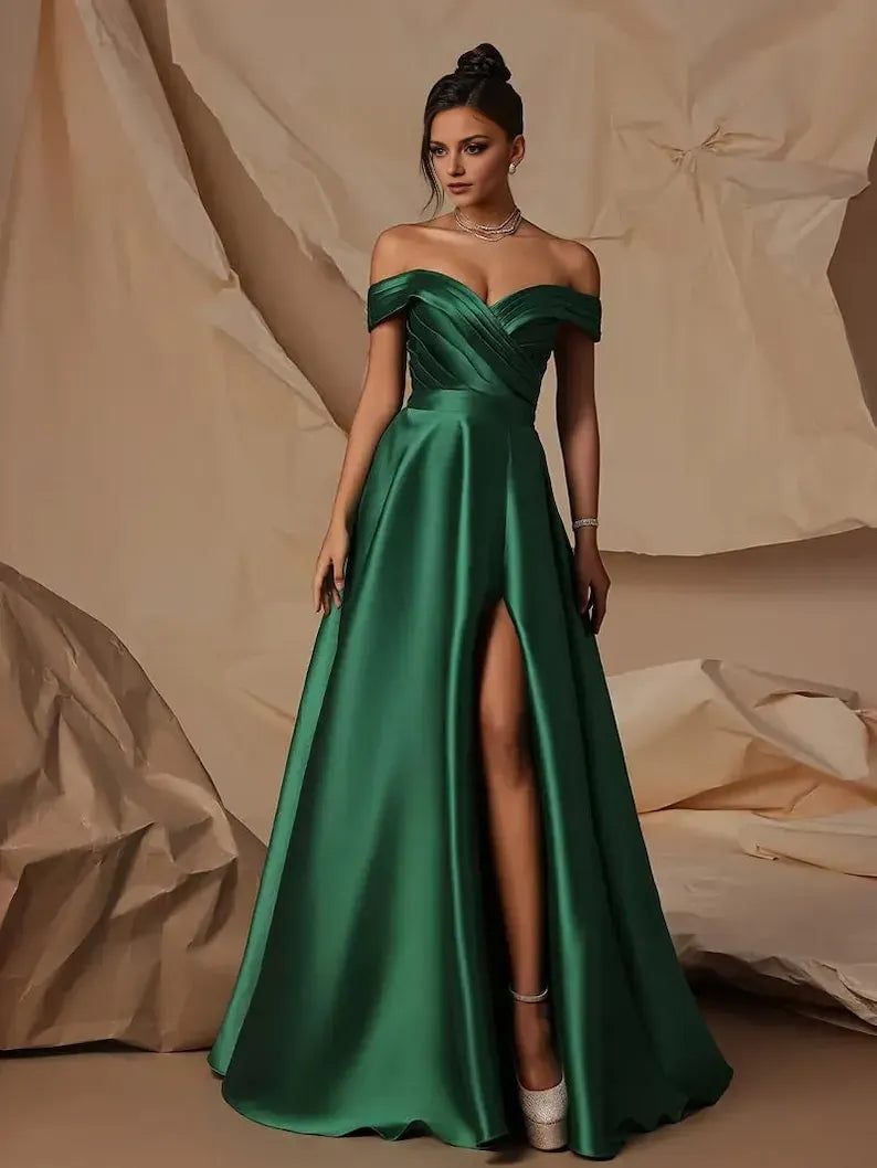 Fashionable Emerald Green A-Line Off-Shoulder Sleeveless Satin Lace-Up Back Slit Floor-Length Prom Dress