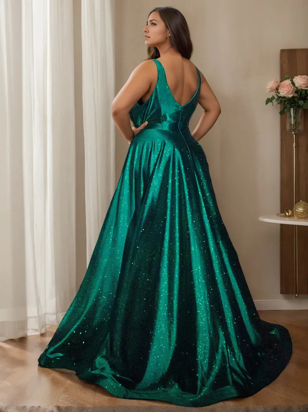 Fashionable Emerald Green A-Line V-Neck Sleeveless Back Zip Glitter Satin Slit Floor-Length Plus-Size Prom Dresses  with Split Side