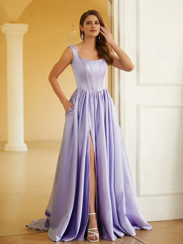 Fashionable Lavender A-Line Square Neck Sleeveless Lace-Up Back Floor-Length Satin Ruffles Prom Dresses with High Slit