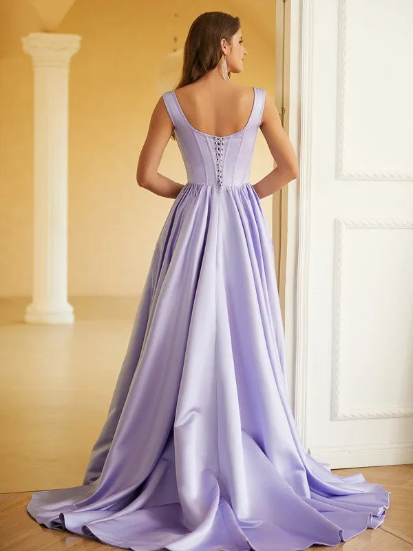 Fashionable Lavender A-Line Square Neck Sleeveless Lace-Up Back Floor-Length Satin Ruffles Prom Dresses with High Slit