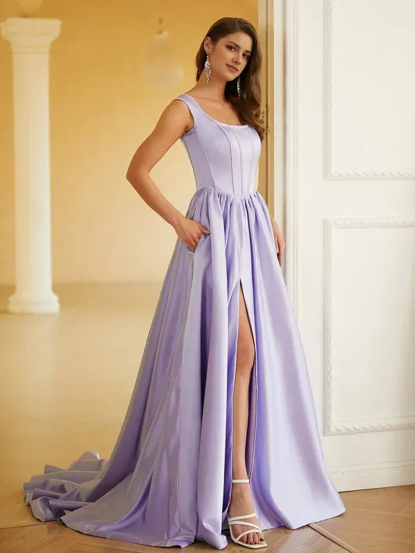 Fashionable Lavender A-Line Square Neck Sleeveless Lace-Up Back Floor-Length Satin Ruffles Prom Dresses with High Slit