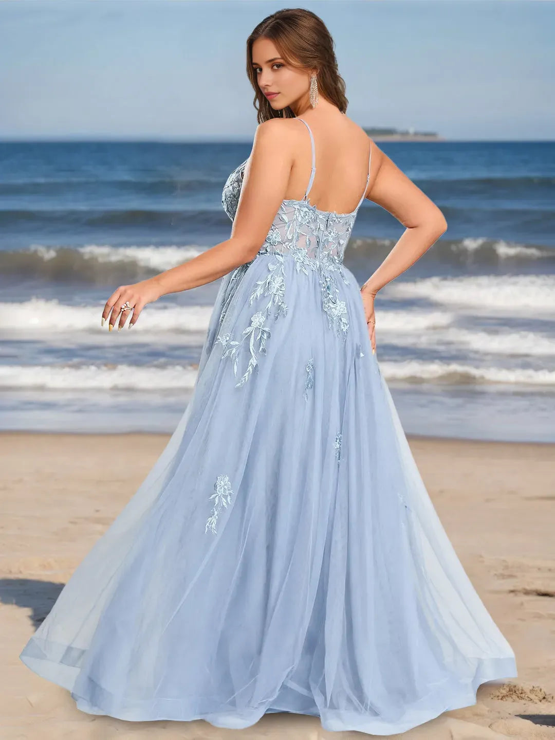 Fashionable Light Blue A-Line V-Neck Sleeveless Floor-Length Tulle Plus Size Prom Dresses With Appliques