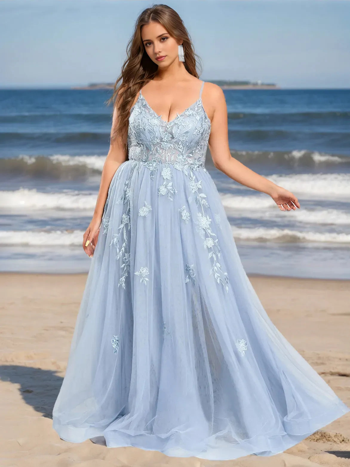 Fashionable Light Blue A-Line V-Neck Sleeveless Floor-Length Tulle Plus Size Prom Dresses With Appliques