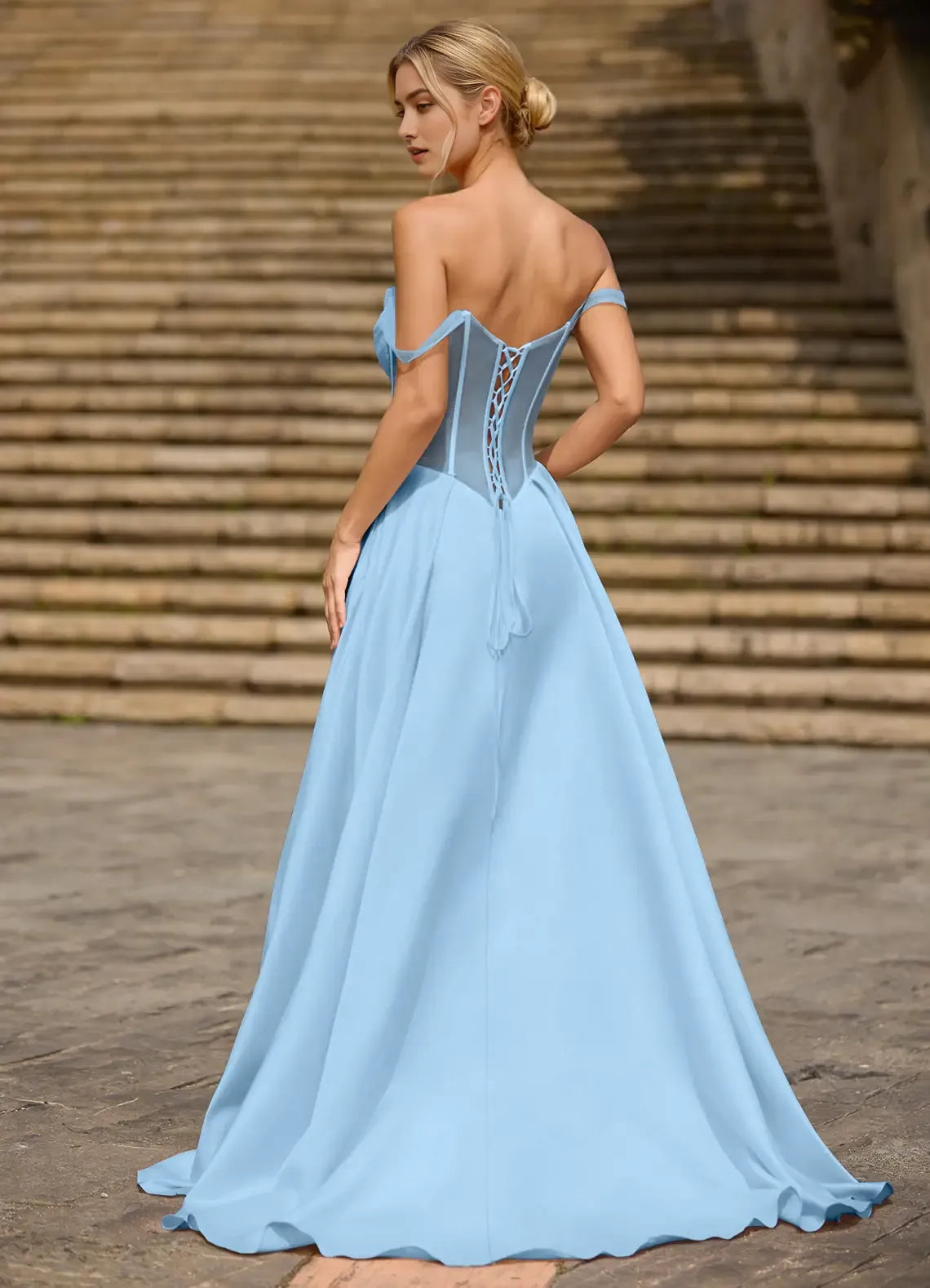 Fashionable Light Blue A-line Off-Shoulder Sleeveless Cutout Pleated Lace-up High-Slit Floor-Length Prom Dress