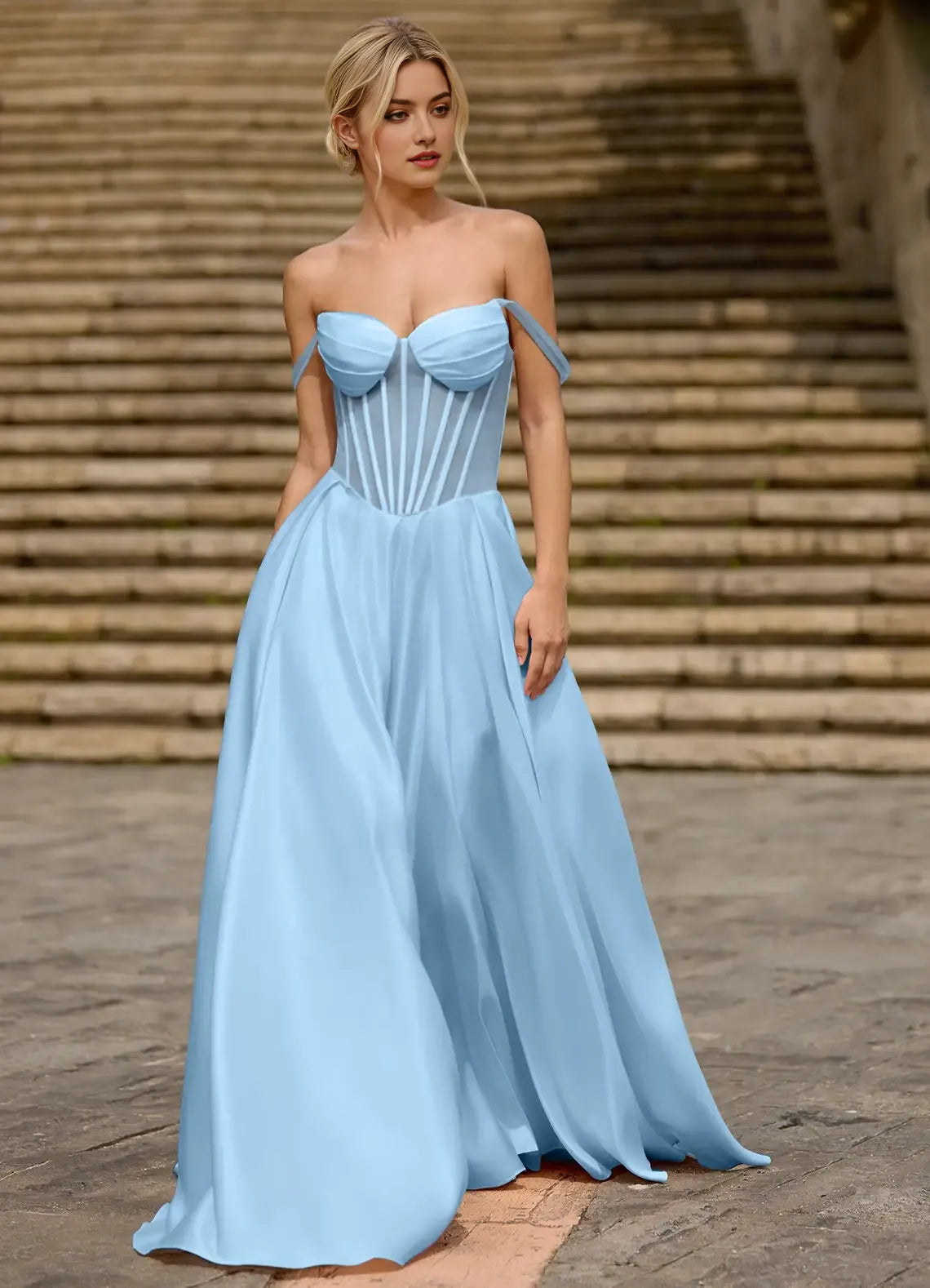 Fashionable Light Blue A-line Off-Shoulder Sleeveless Cutout Pleated Lace-up High-Slit Floor-Length Prom Dress