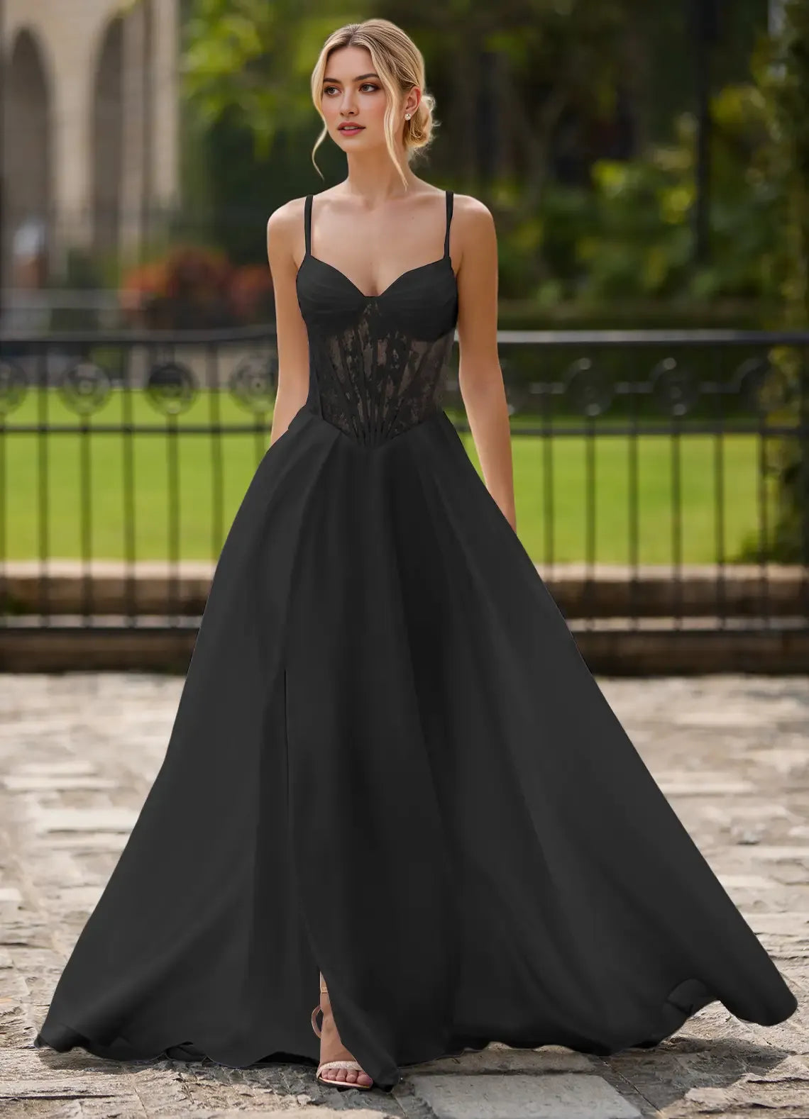 Fashionable Light Yellow A -Line Sweetheart Neck Lace Cutout Pleated Lace-up Floor-Length High-Slit Prom Dress