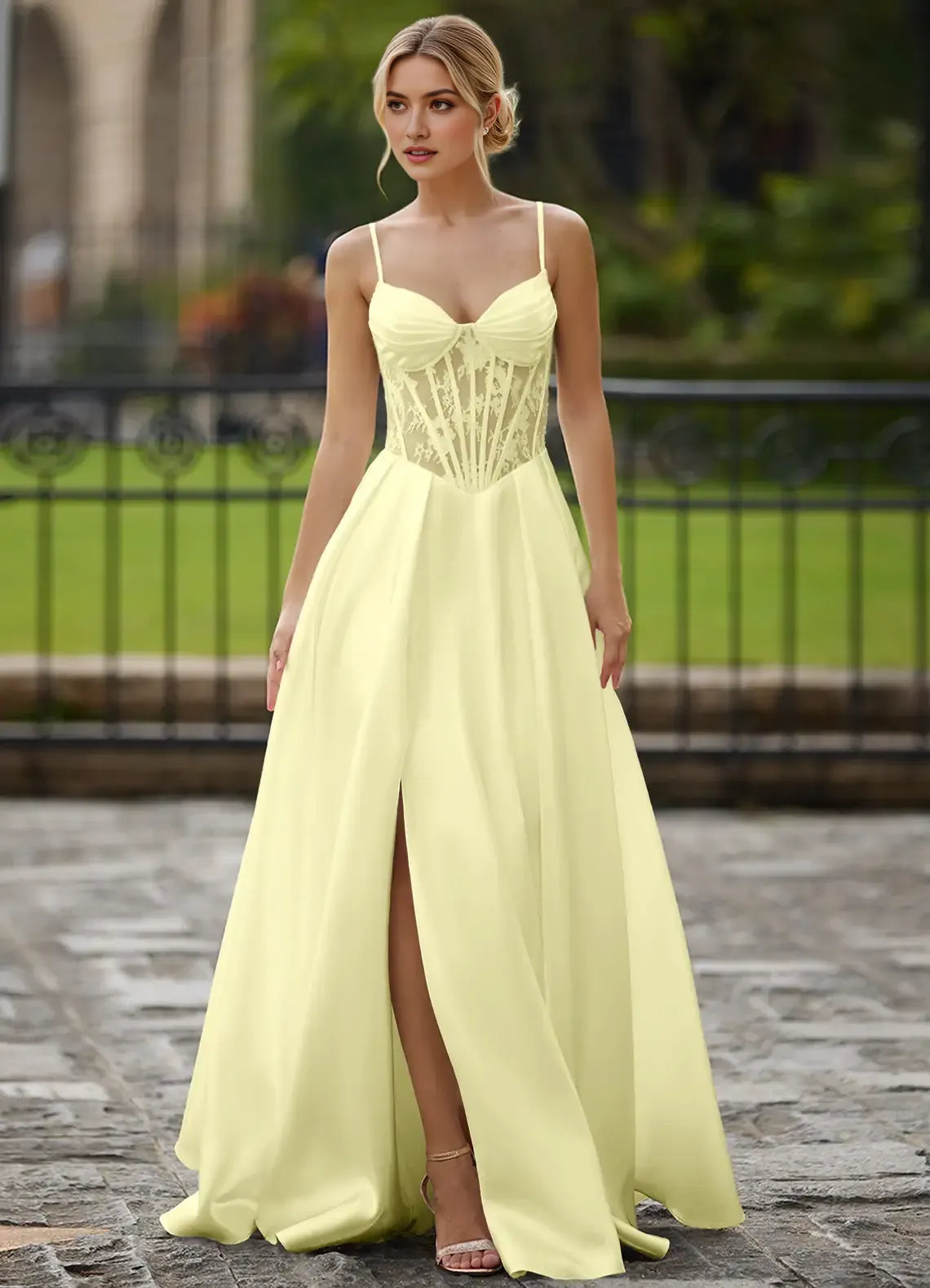 Fashionable Light Yellow A -Line Sweetheart Neck Lace Cutout Pleated Lace-up Floor-Length High-Slit Prom Dress
