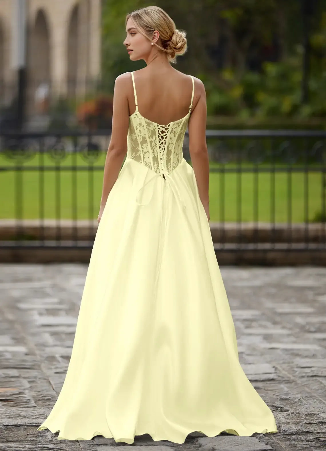 Fashionable Light Yellow A -Line Sweetheart Neck Lace Cutout Pleated Lace-up Floor-Length High-Slit Prom Dress