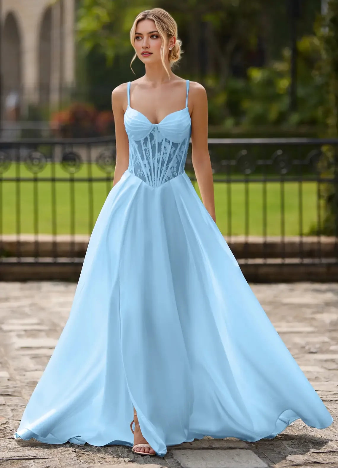 Fashionable Light Yellow A -Line Sweetheart Neck Lace Cutout Pleated Lace-up Floor-Length High-Slit Prom Dress