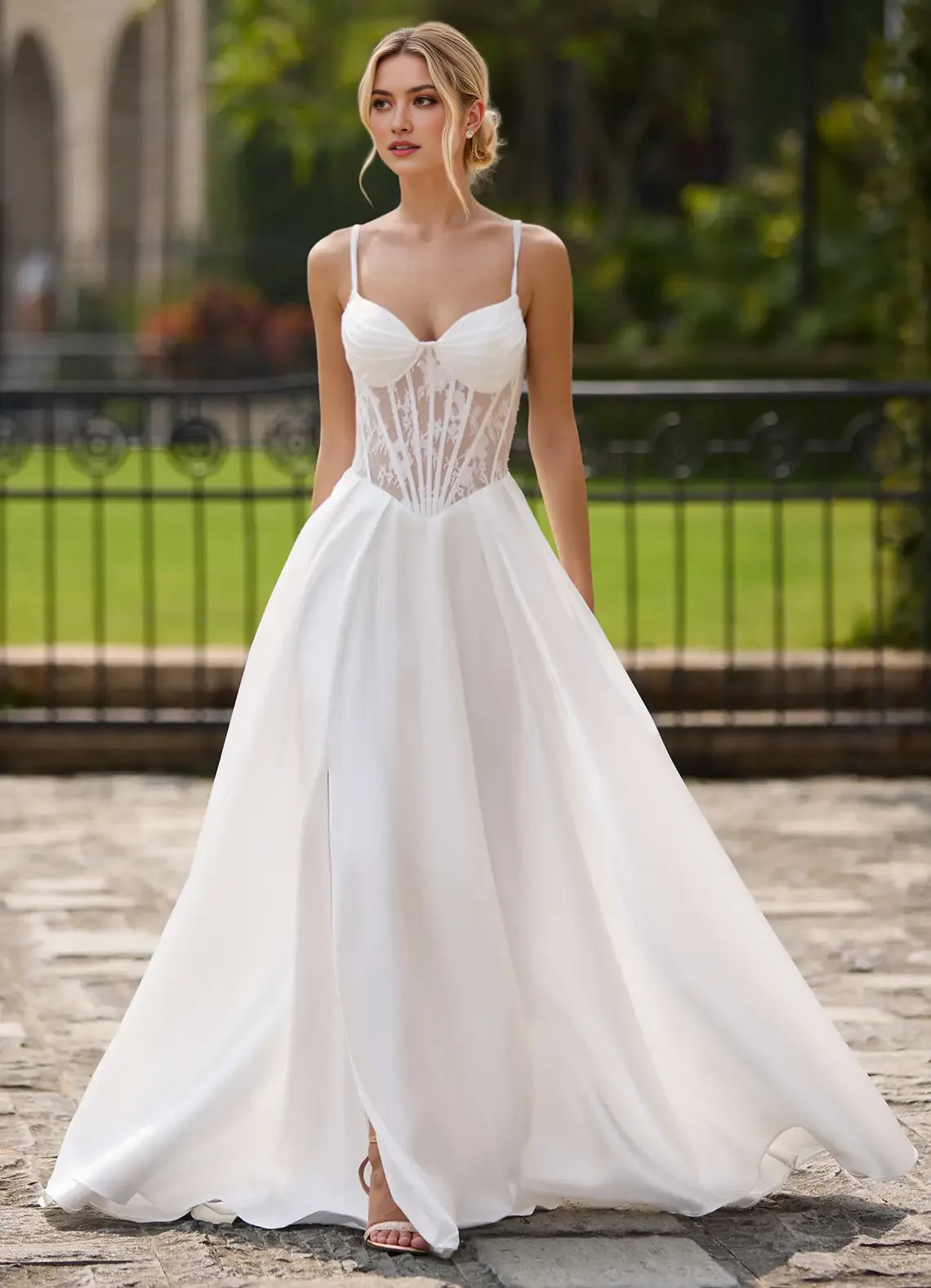 Fashionable Light Yellow A -Line Sweetheart Neck Lace Cutout Pleated Lace-up Floor-Length High-Slit Prom Dress