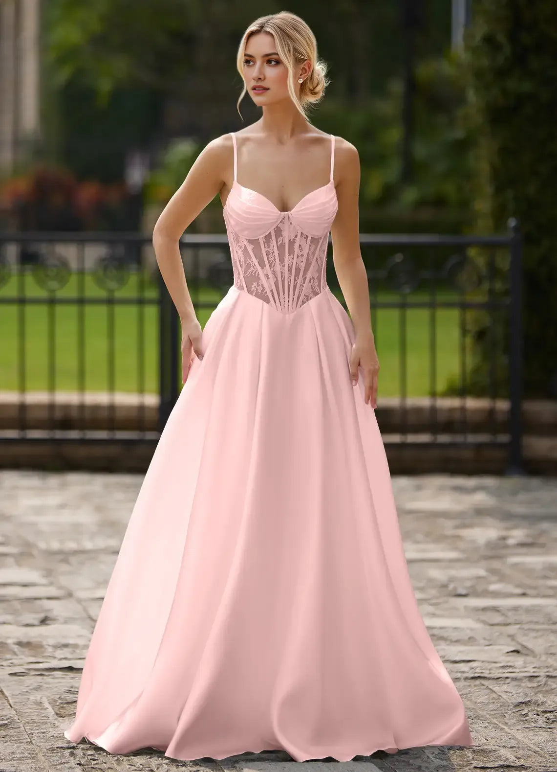 Fashionable Light Yellow A -Line Sweetheart Neck Lace Cutout Pleated Lace-up Floor-Length High-Slit Prom Dress