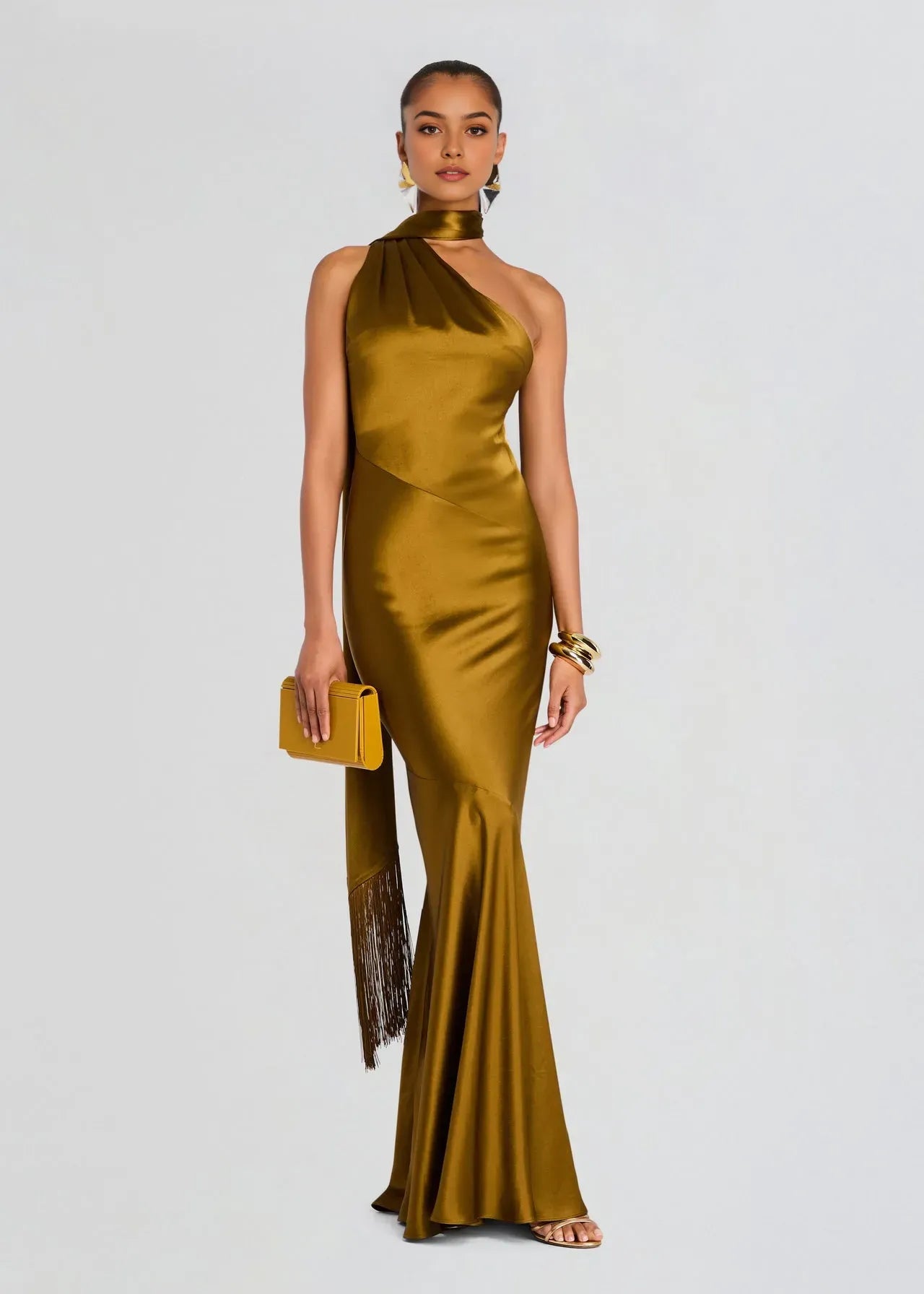 Fashionable Mermaid One-Shoulder Sleeveless Backless Tassel Satin Floor-Length Prom Dresses