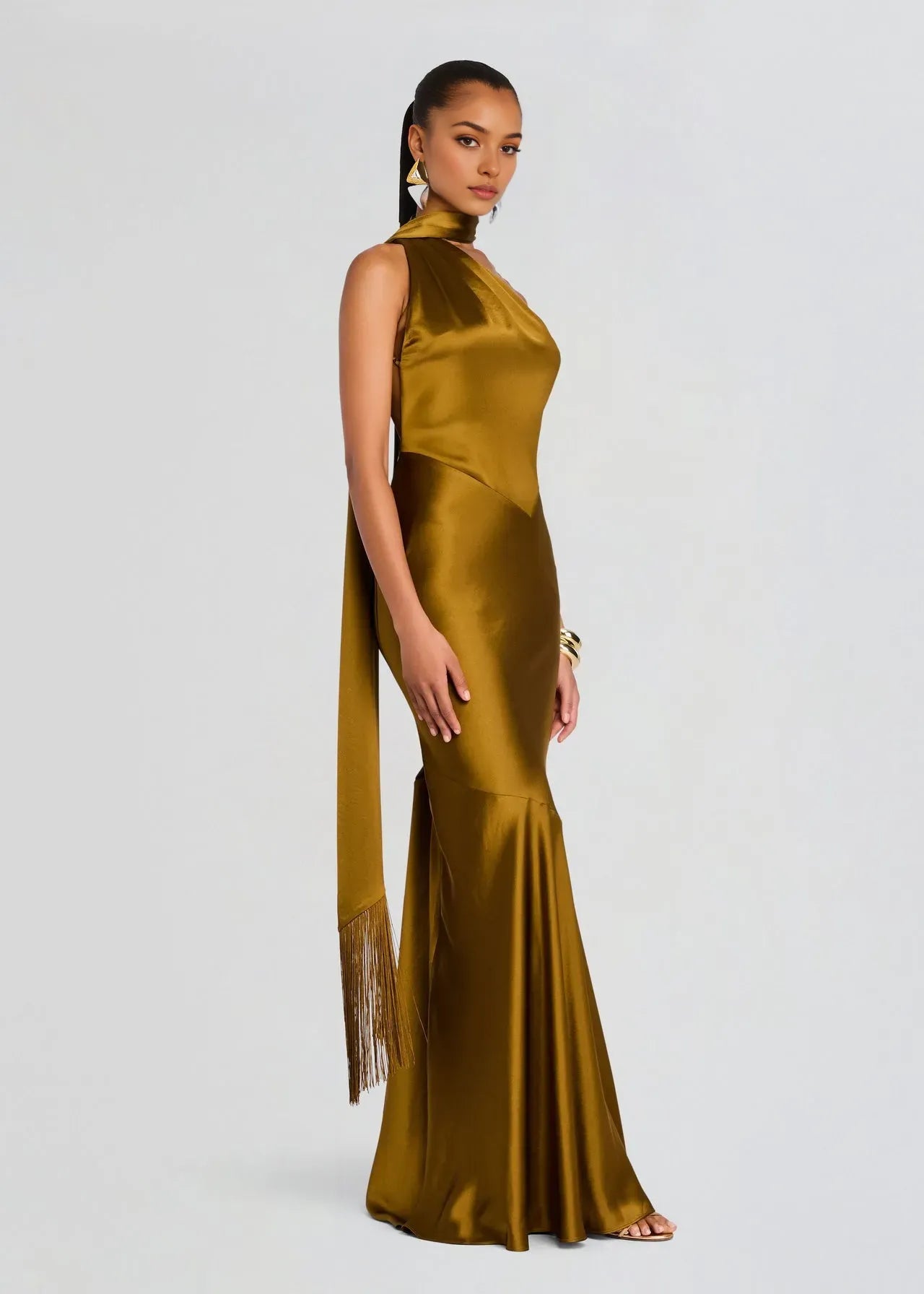 Fashionable Mermaid One-Shoulder Sleeveless Backless Tassel Satin Floor-Length Prom Dresses