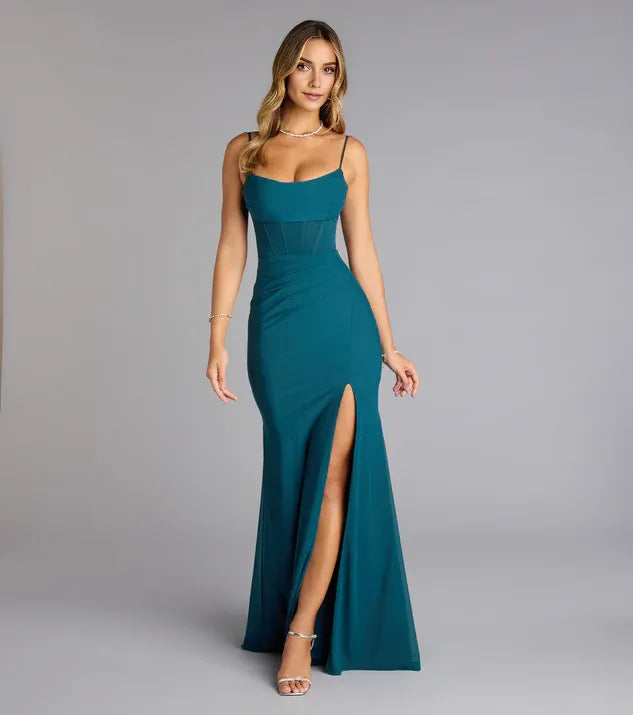 Fashionable Mermaid Square Neck Spaghetti Straps Lace-Up Floor-Length High front slit Prom Dresses