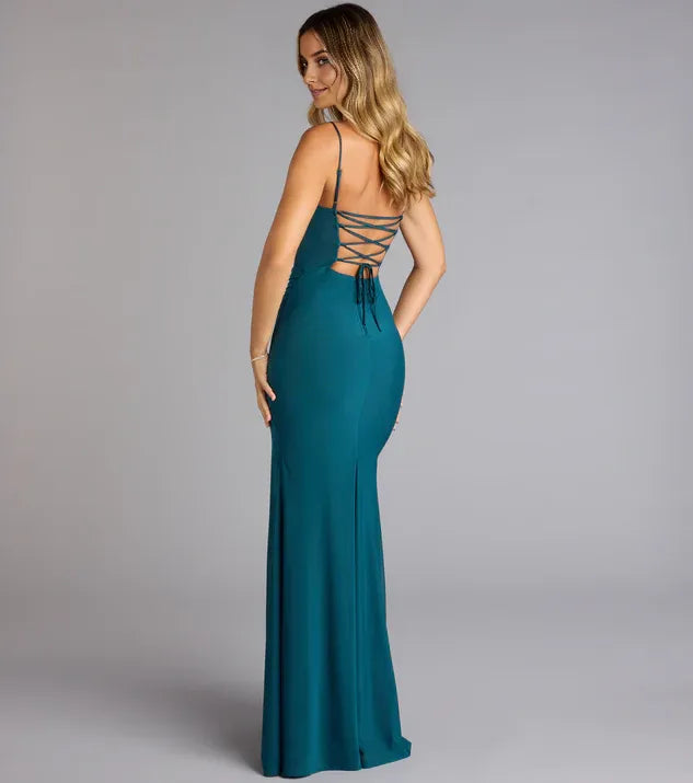 Fashionable Mermaid Square Neck Spaghetti Straps Lace-Up Floor-Length High front slit Prom Dresses