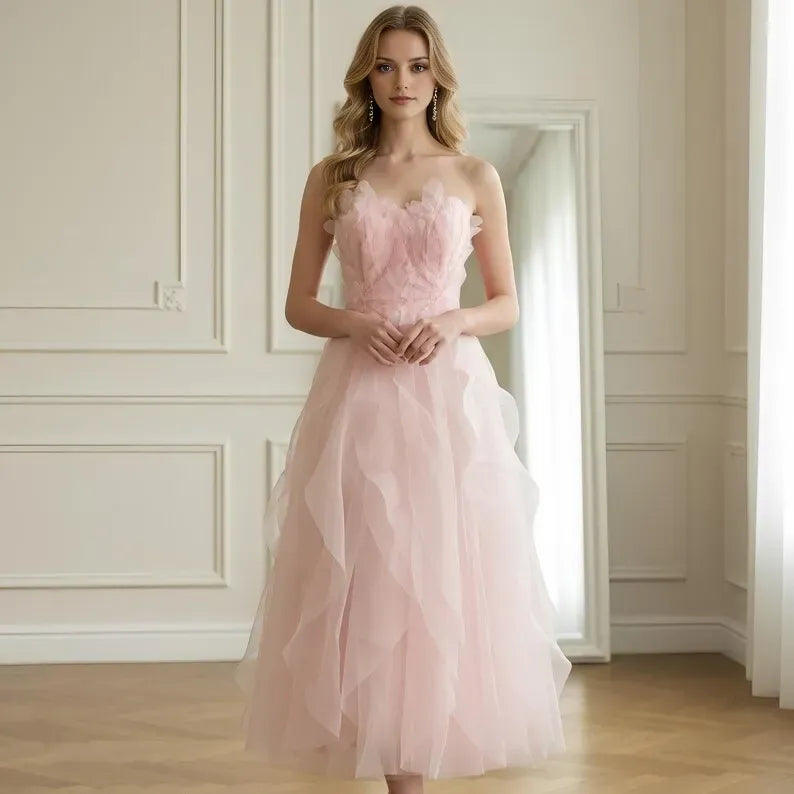 Fashionable Pink A-Line Sweetheart Neck Strapless Back Zip 3D Floral Ruffled Tulle Tea-Length Prom Dress