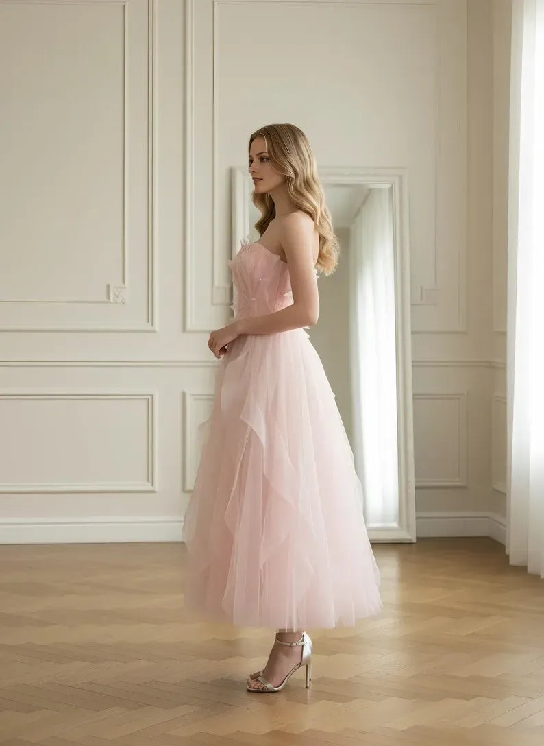 Fashionable Pink A-Line Sweetheart Neck Strapless Back Zip 3D Floral Ruffled Tulle Tea-Length Prom Dress