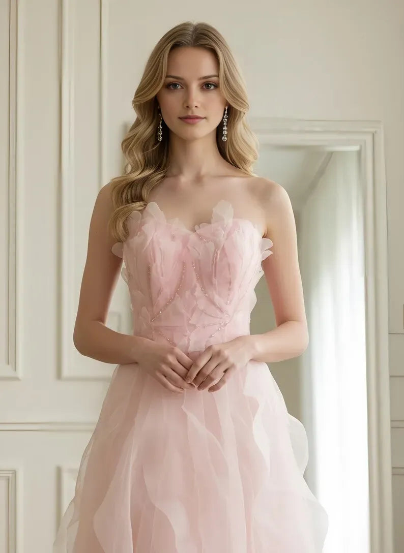 Fashionable Pink A-Line Sweetheart Neck Strapless Back Zip 3D Floral Ruffled Tulle Tea-Length Prom Dress