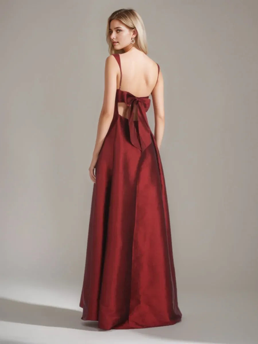 Fashionable Red A-Line Square Neckline Sleeveless Bow Back Floor -Length Prom Dresses with Bowknot Hot Sale