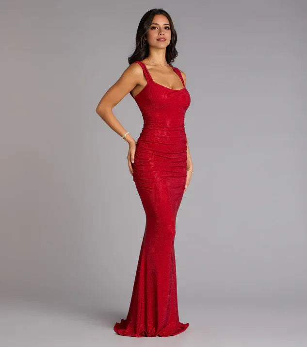 Fashionable Red Ruched Square Neck Sleeveless Back Zip Mermaid Maxi Prom Dress