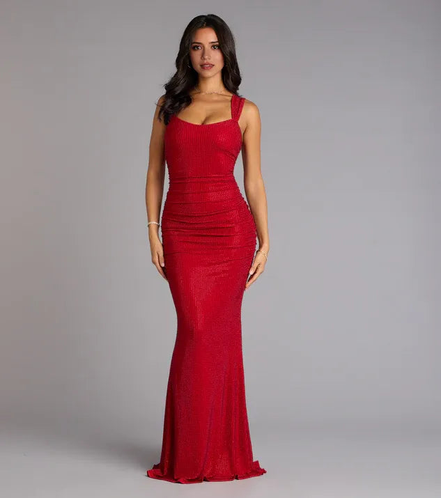 Fashionable Red Ruched Square Neck Sleeveless Back Zip Mermaid Maxi Prom Dress