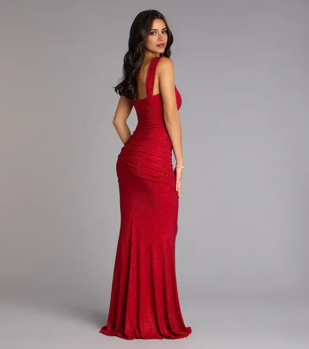 Fashionable Red Ruched Square Neck Sleeveless Back Zip Mermaid Maxi Prom Dress