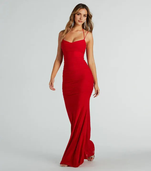 Fashionable Red cowl neckline Sleeveless Ruched Spaghetti Strap Back Zip  Mermaid Floor-length Prom dress women Custom
