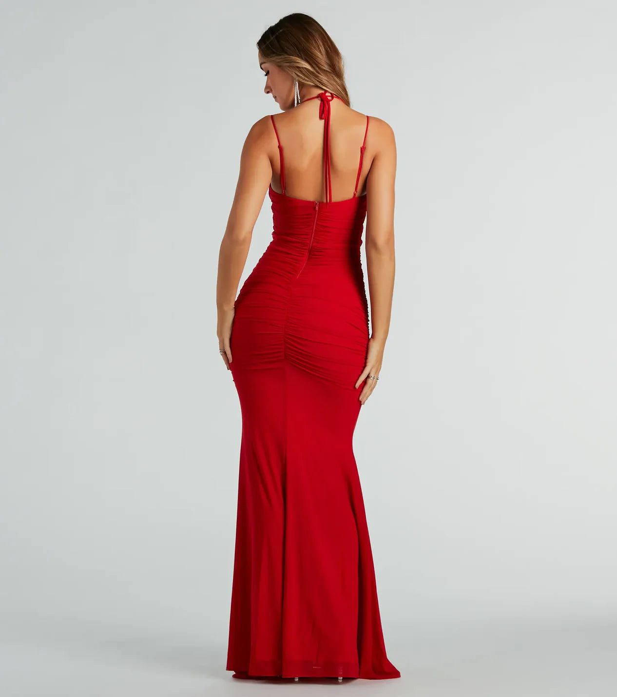 Fashionable Red cowl neckline Sleeveless Ruched Spaghetti Strap Back Zip  Mermaid Floor-length Prom dress women Custom