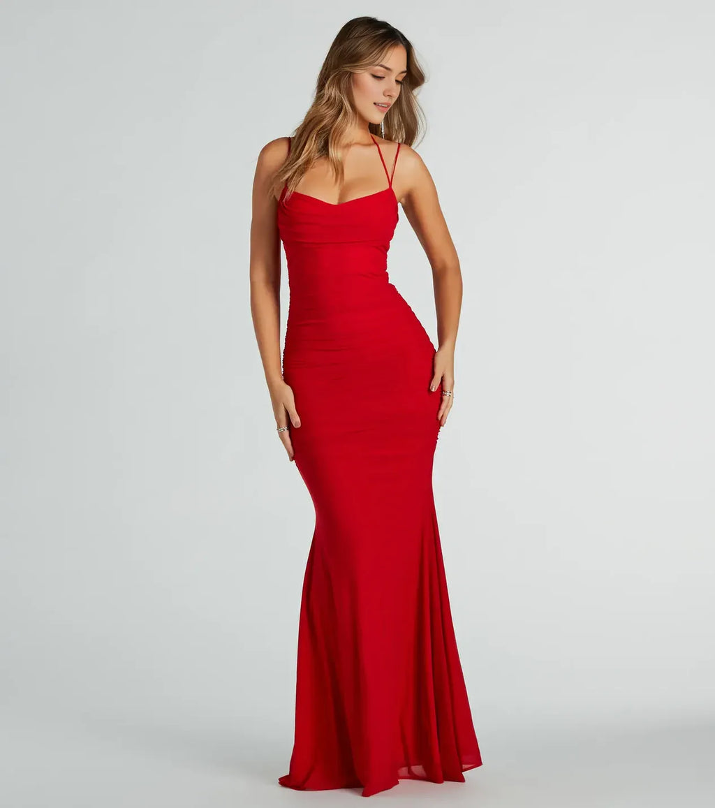 Fashionable Red cowl neckline Sleeveless Ruched Spaghetti Strap Back Zip  Mermaid Floor-length Prom dress women Custom