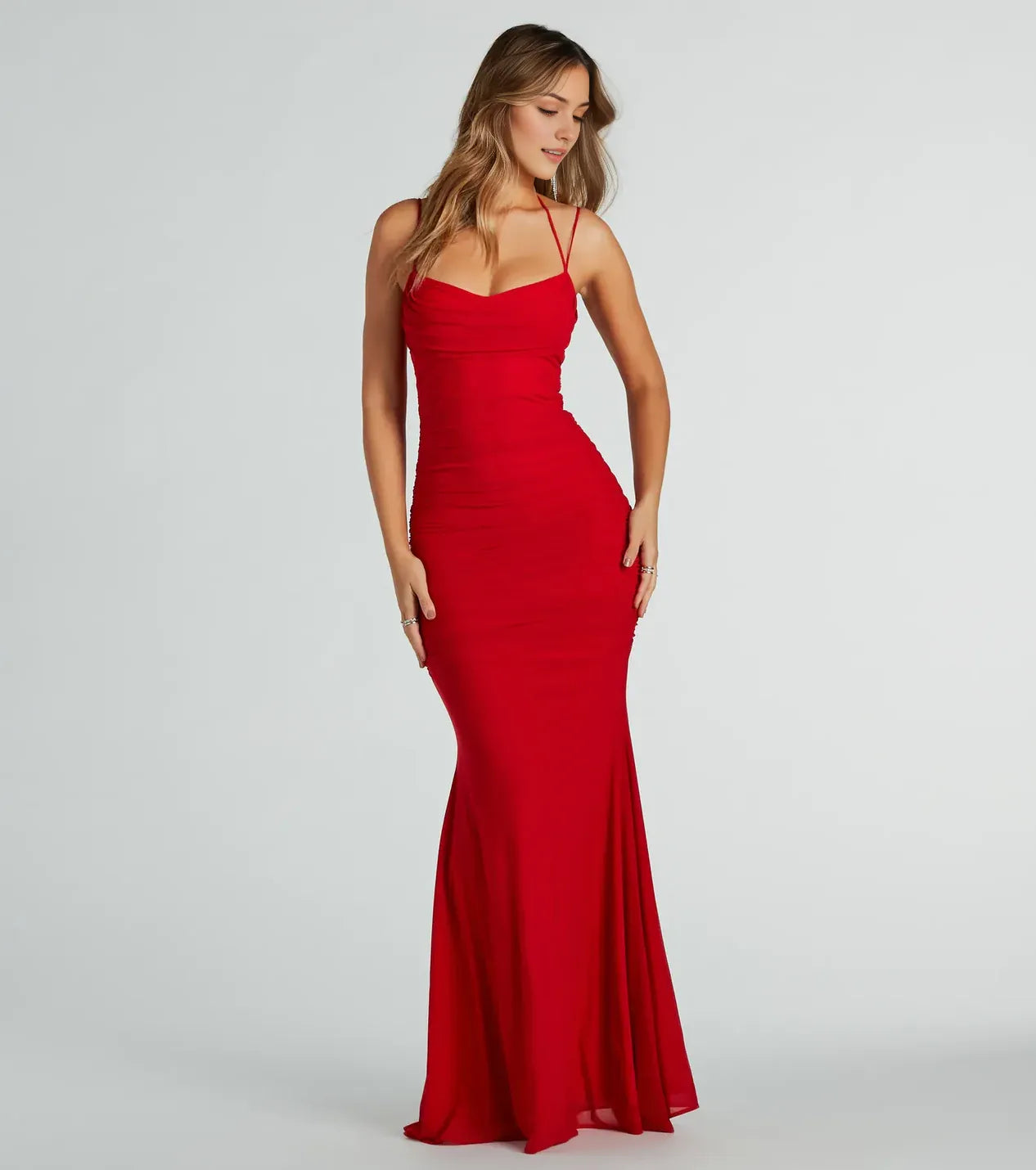 Fashionable Red cowl neckline Sleeveless Ruched Spaghetti Strap Back Zip  Mermaid Floor-length Prom dress women Custom