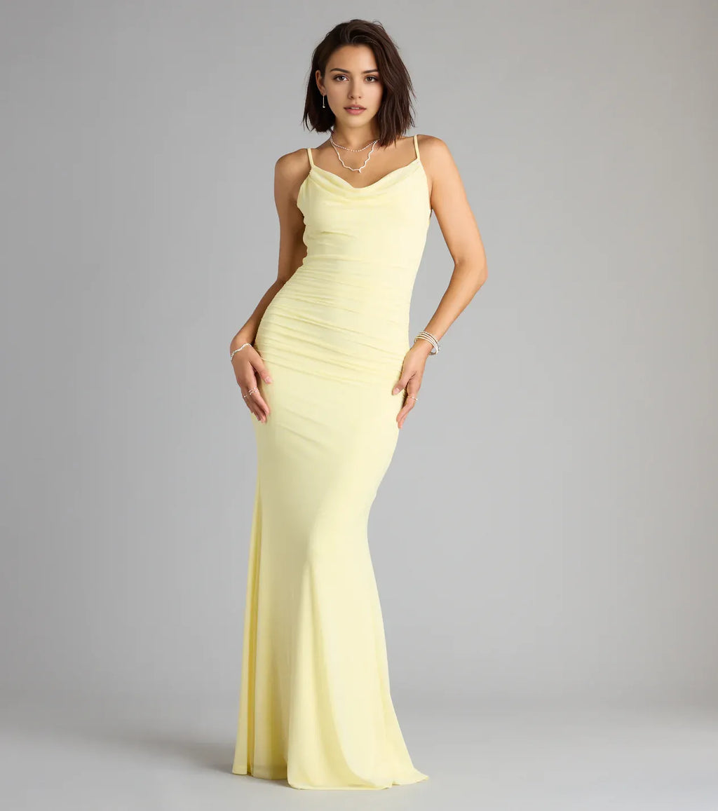 Fashionable Yellow Cowl neckline spaghetti straps Open back Mermaid Floor-length Prom dress women for sale