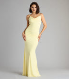 Fashionable Yellow Cowl neckline spaghetti straps Open back Mermaid Floor-length Prom dress women for sale
