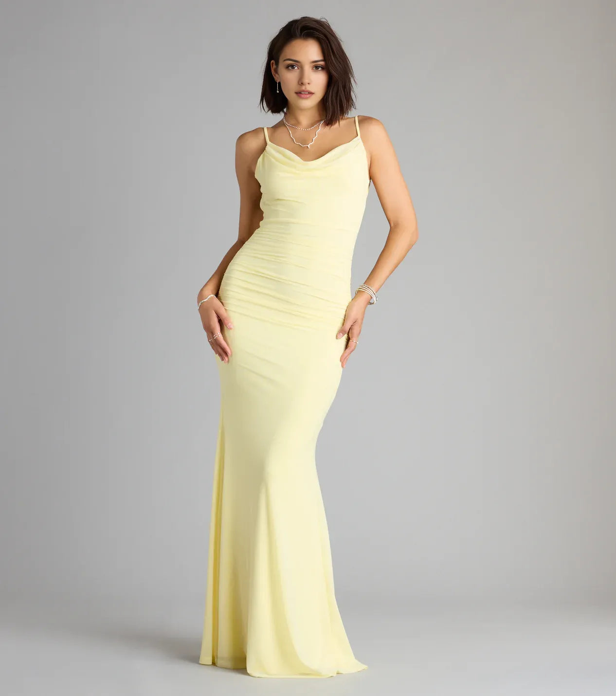 Fashionable Yellow Cowl neckline spaghetti straps Open back Mermaid Floor-length Prom dress women for sale