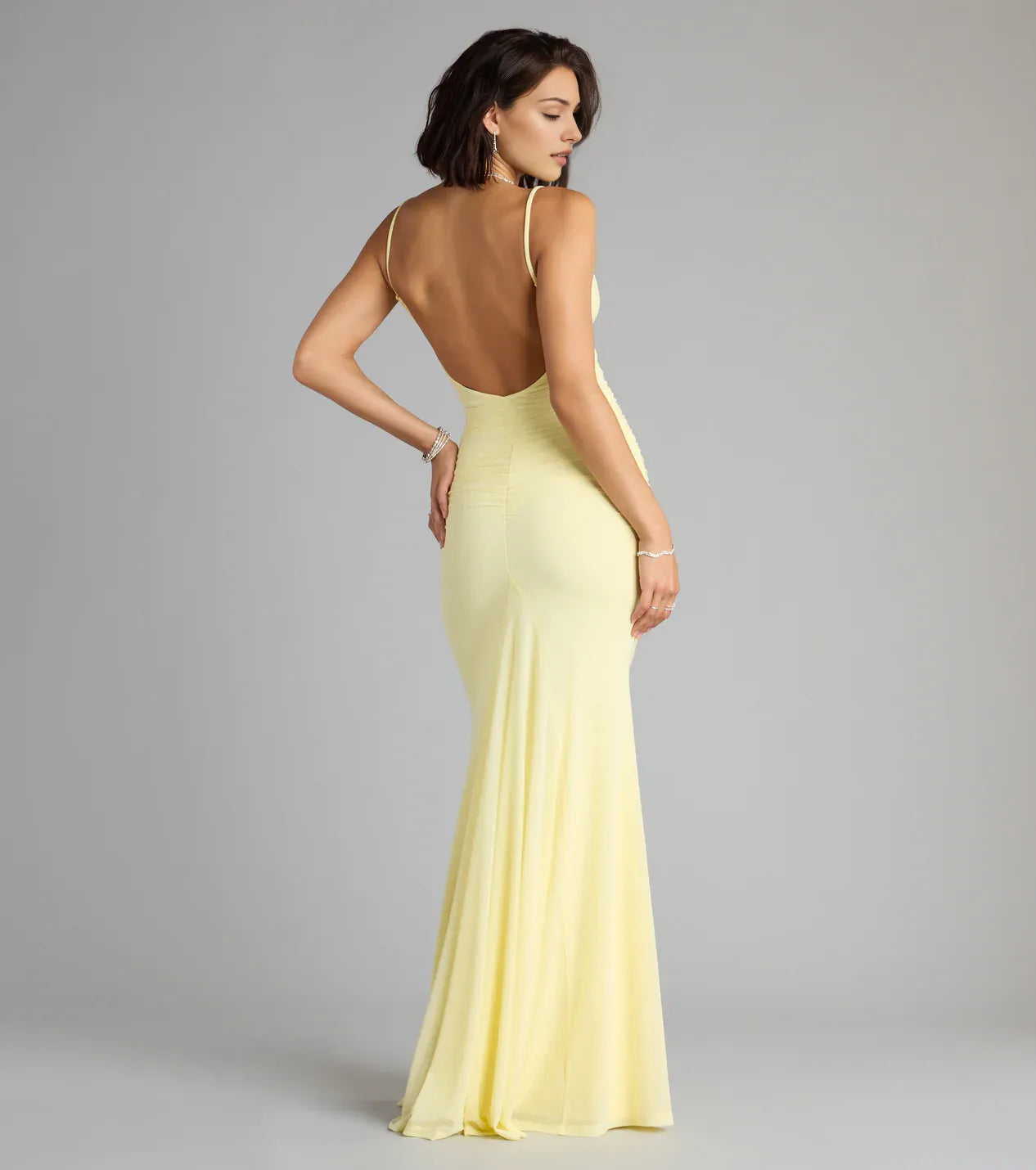 Fashionable Yellow Cowl neckline spaghetti straps Open back Mermaid Floor-length Prom dress women for sale