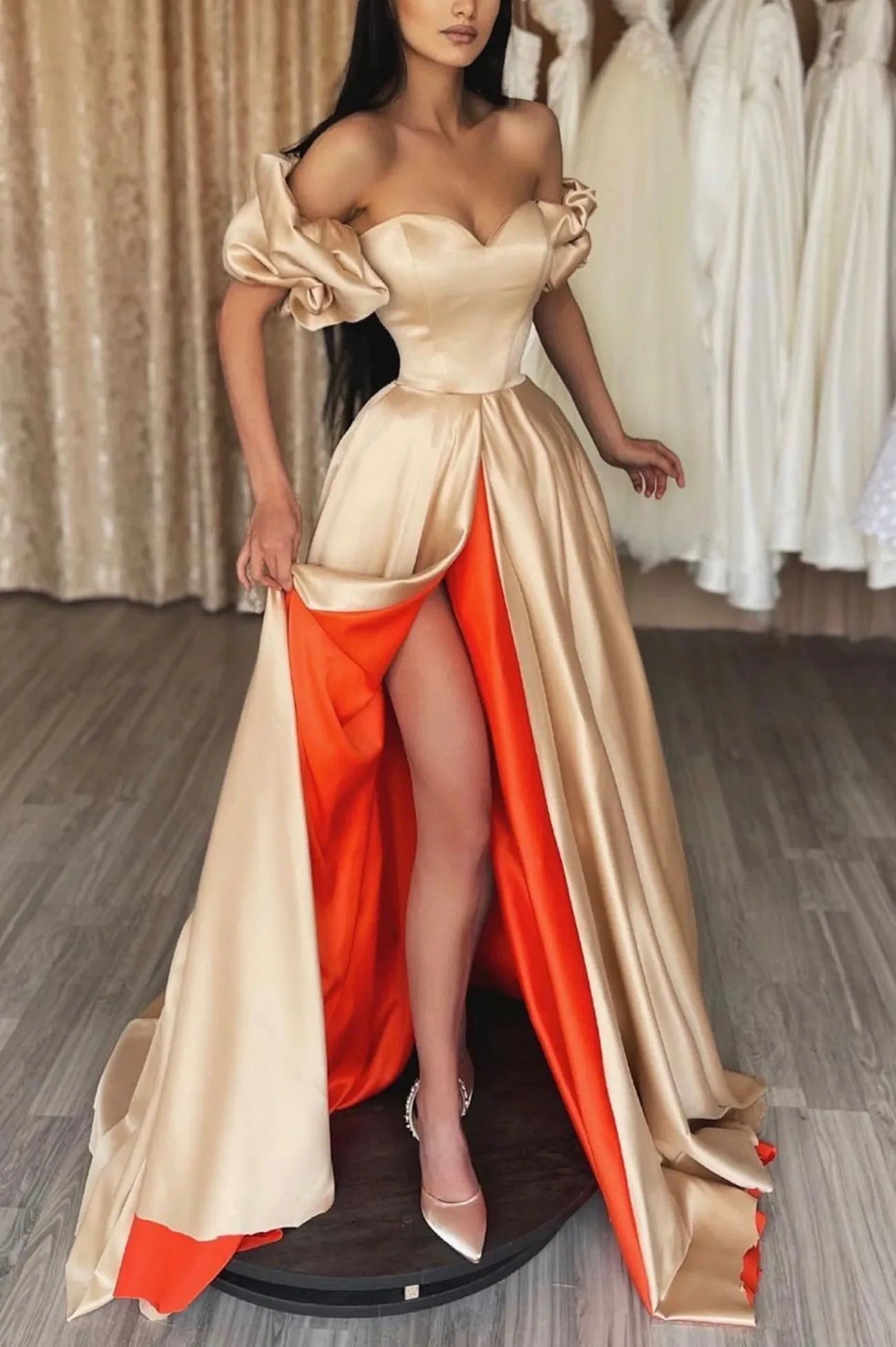Fashionable satin long A-line ball dress with sweet neckline and evening gown with slit