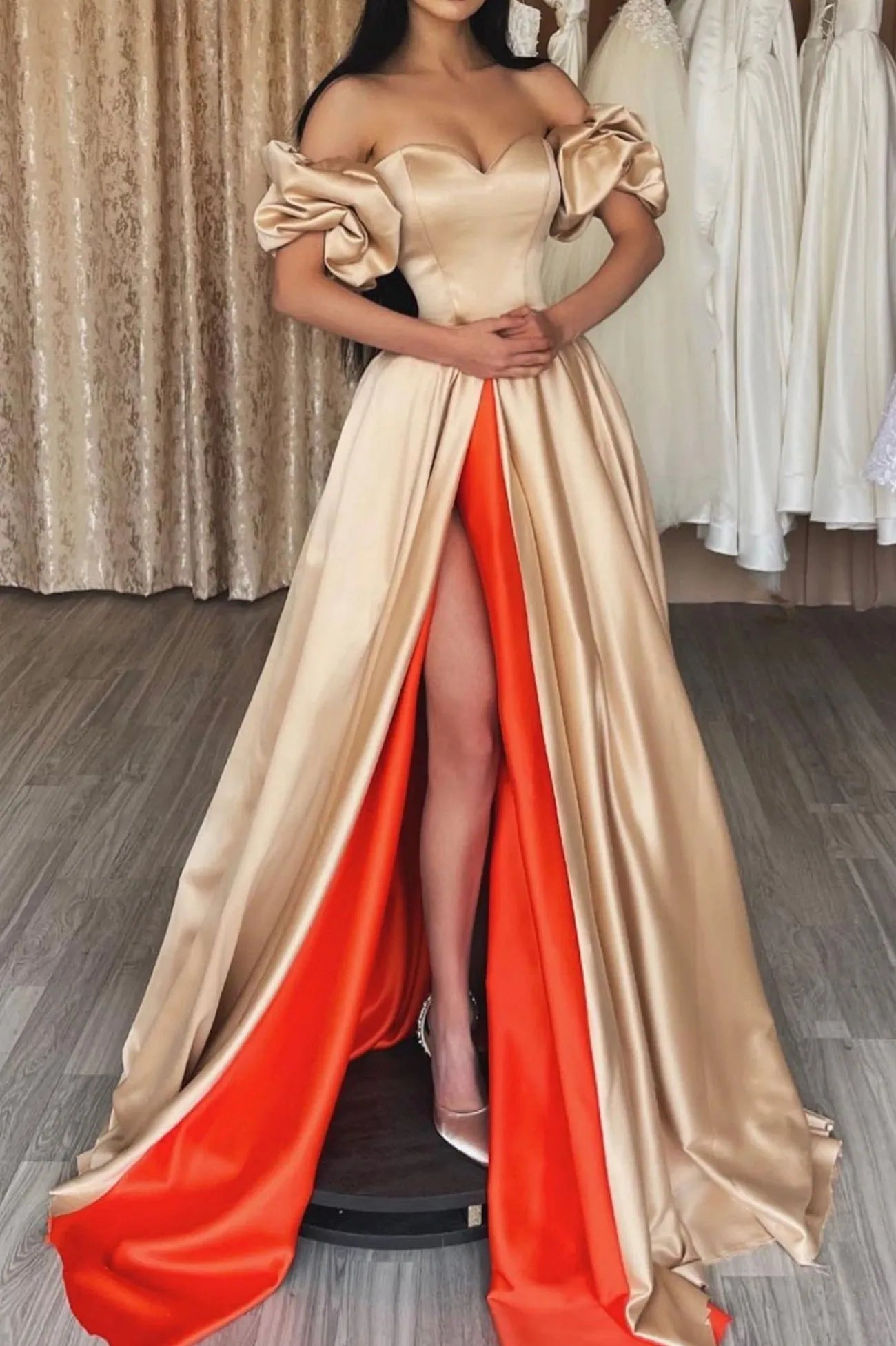 Fashionable satin long A-line ball dress with sweet neckline and evening gown with slit