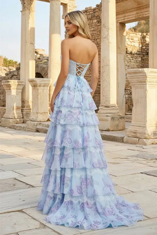 Feminine Sky Blue A-Line Sweetheart Strapless Lace-Up Floral Chiffon Ruffled Floor-Length Prom Dresses With Slit