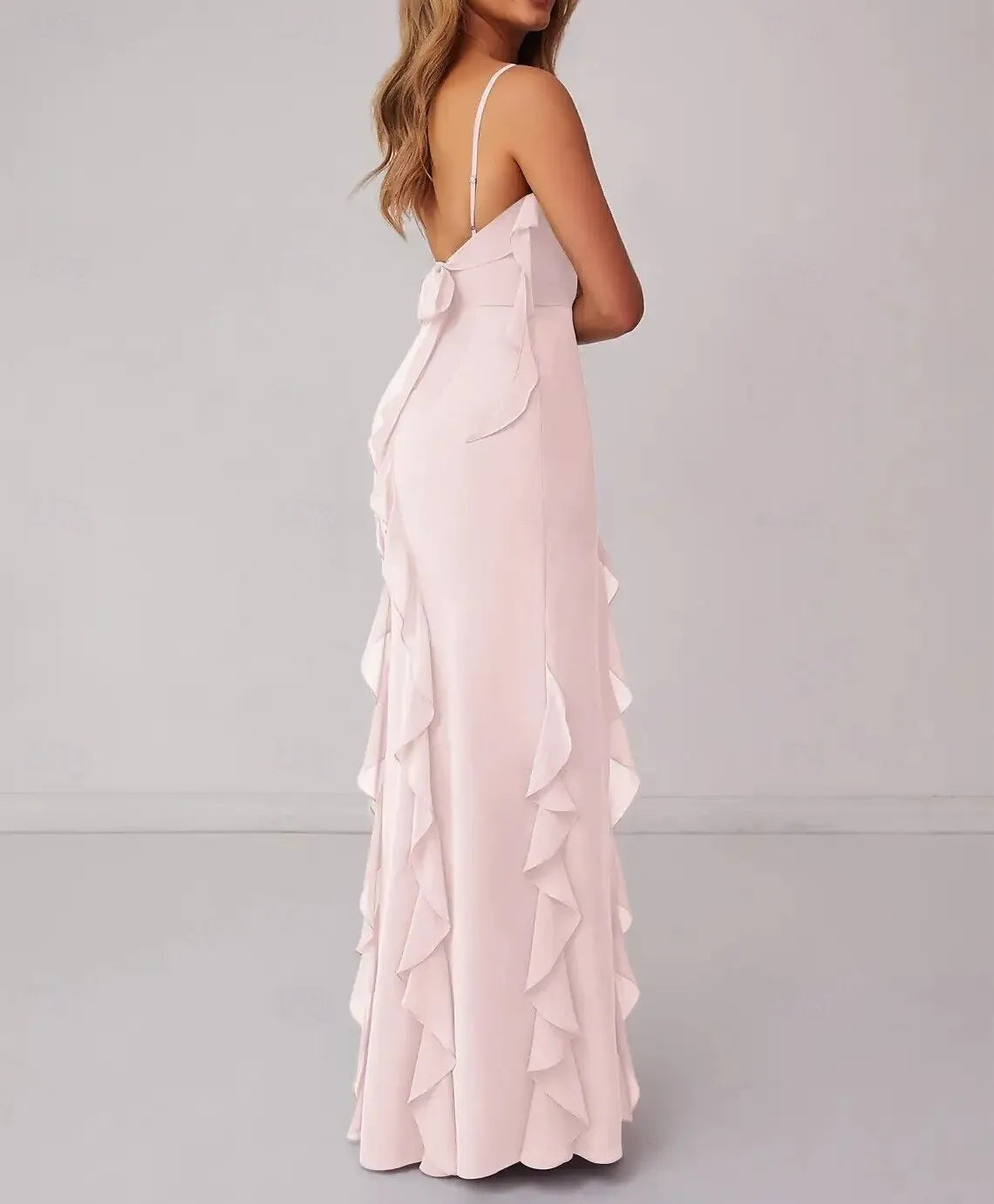 Flirty Mermaid Spaghetti Strap Ruffled Chiffon Blush Prom Dress With Slit