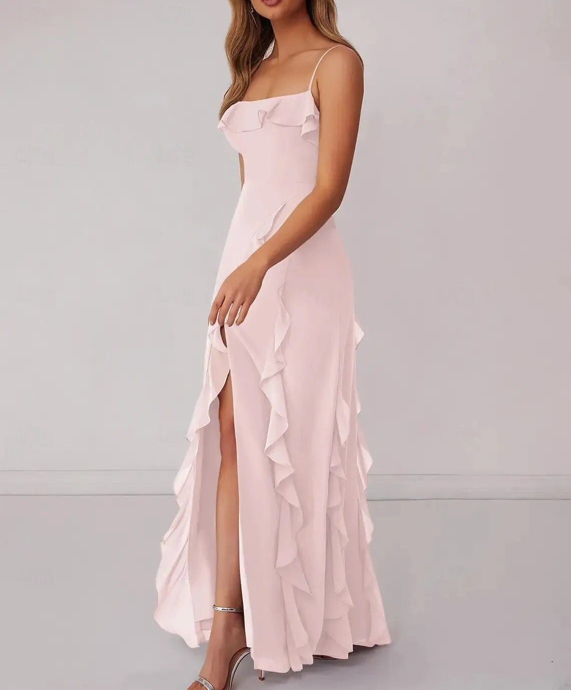 Flirty Mermaid Spaghetti Strap Ruffled Chiffon Blush Prom Dress With Slit