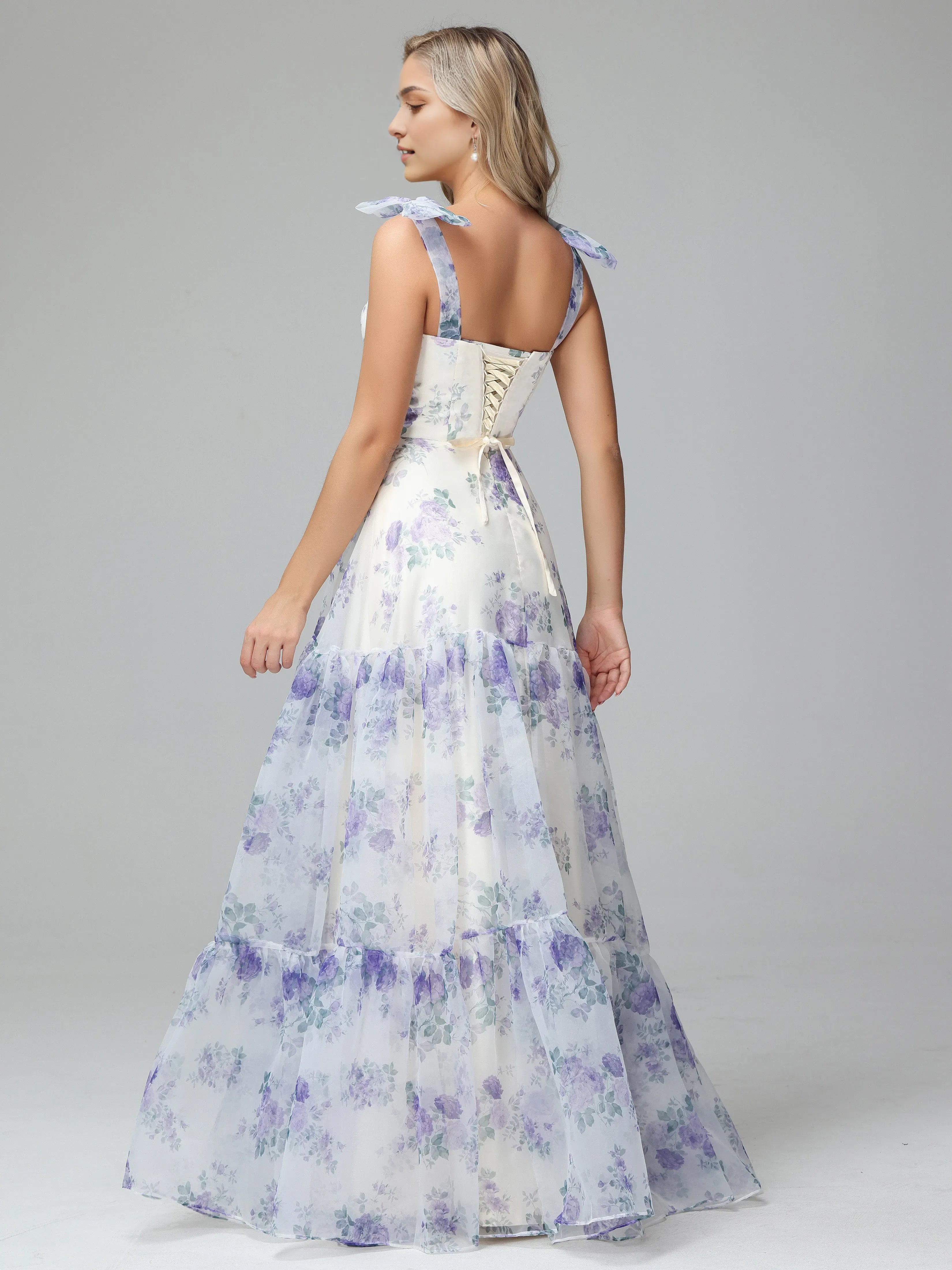 Floral Print Lace Up Floor Length Prom Dresses