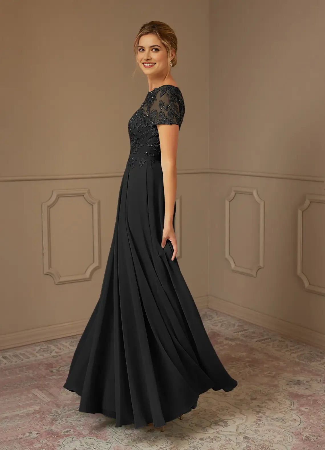 Formal Black A-Line Boatneck short sleeves Sequins Chiffon Mother of the Bride Dresses Lace Bodice Hot Sale