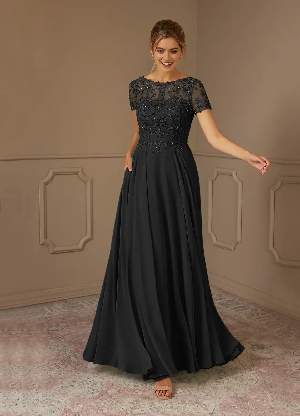 Formal Black A-Line Boatneck short sleeves Sequins Chiffon Mother of the Bride Dresses Lace Bodice Hot Sale