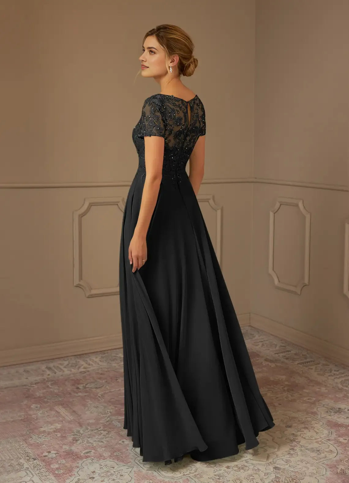 Formal Black A-Line Boatneck short sleeves Sequins Chiffon Mother of the Bride Dresses Lace Bodice Hot Sale