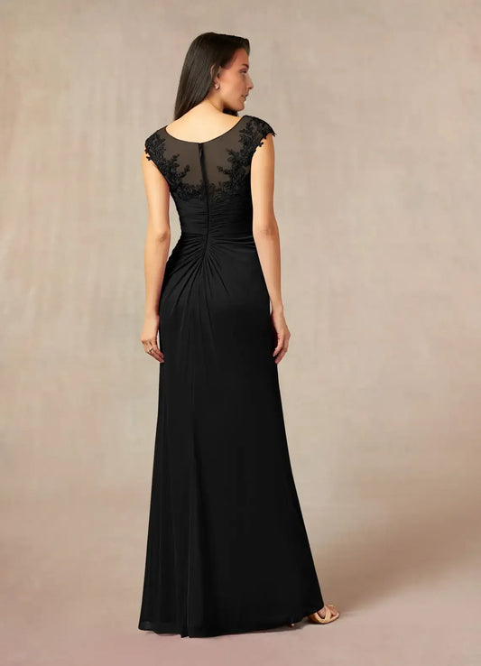 Formal Black Mother of the Bride Dresses with Asymmetric Lace Neckline Ruched Bodice Side Draping High Slit hot sale for ladies