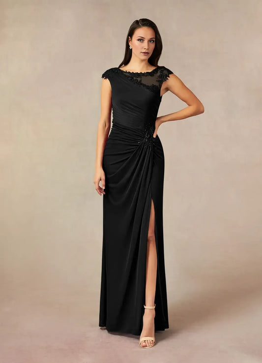 Formal Black Mother of the Bride Dresses with Asymmetric Lace Neckline Ruched Bodice Side Draping High Slit hot sale for ladies