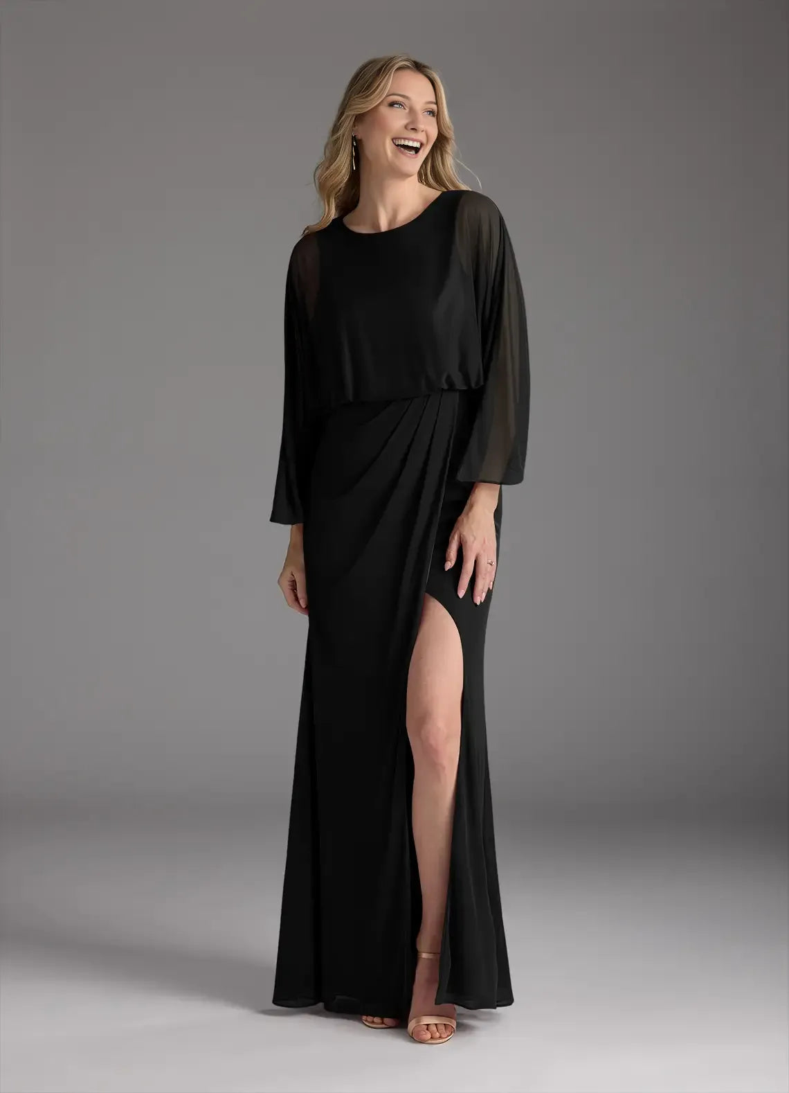 Formal Black Mother of the Bride Dresses with Sheer Sleeves Ruched High Waist Side Slit and Flowy Maxi Silhouette
