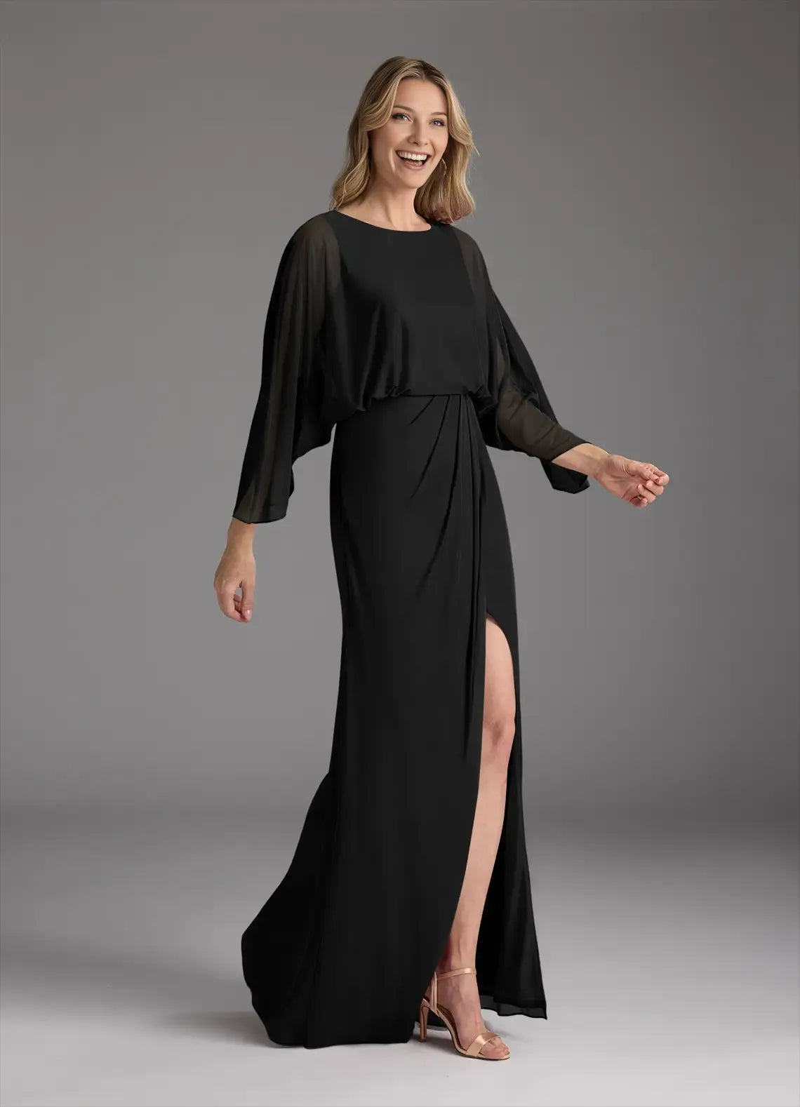 Formal Black Mother of the Bride Dresses with Sheer Sleeves Ruched High Waist Side Slit and Flowy Maxi Silhouette